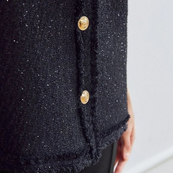 BLACK TRENDY WOMENS WOOL-MIX TWEED GLITTER OVERCOAT - Picture 4 of 5